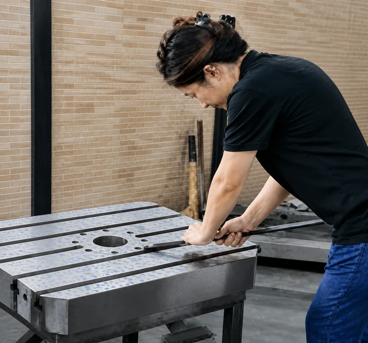 Hand scraping a machine tool table, engineer's blue showing the contact points